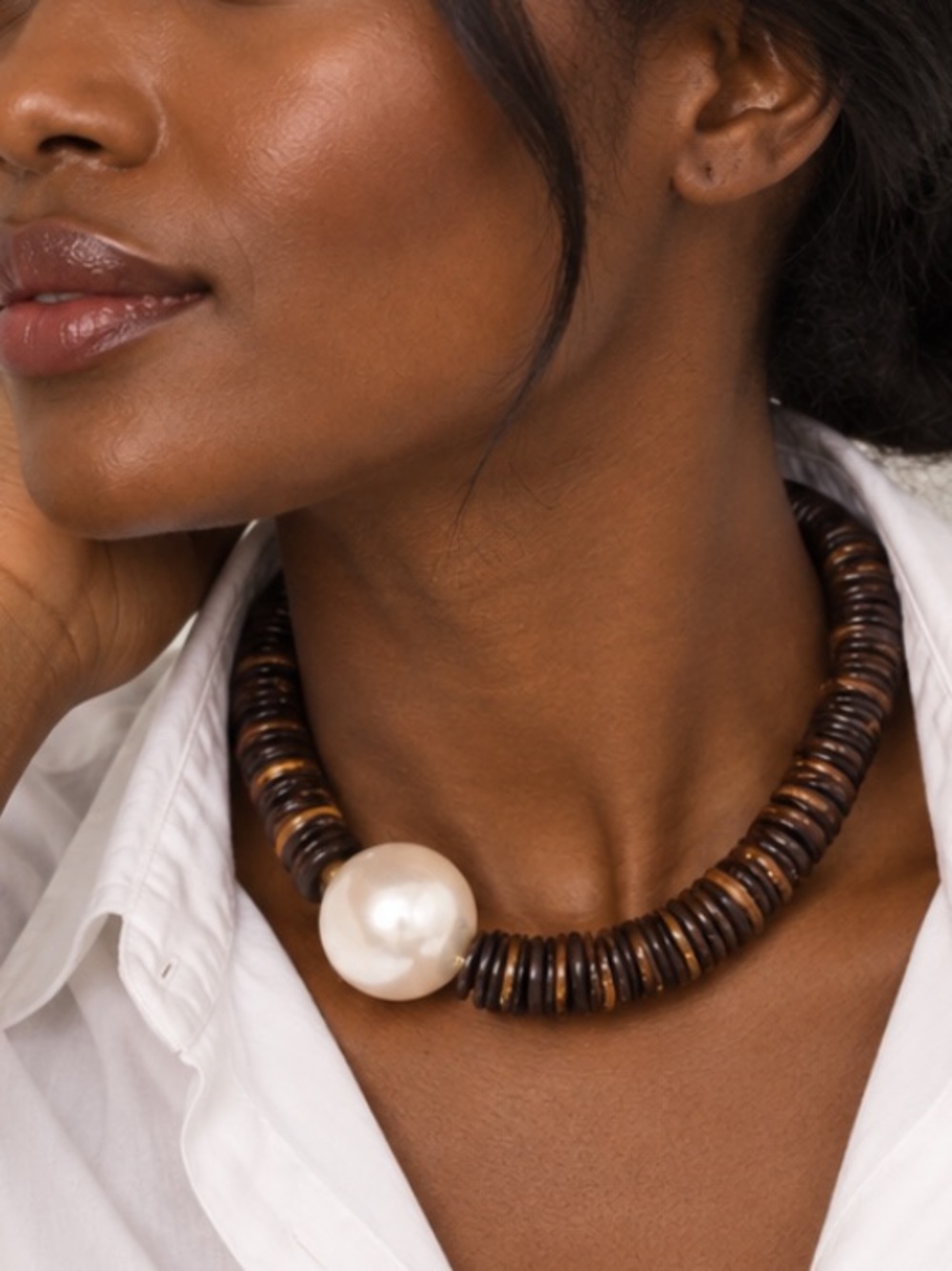 New! Brown Disk Pearled Bead Necklace NWOT